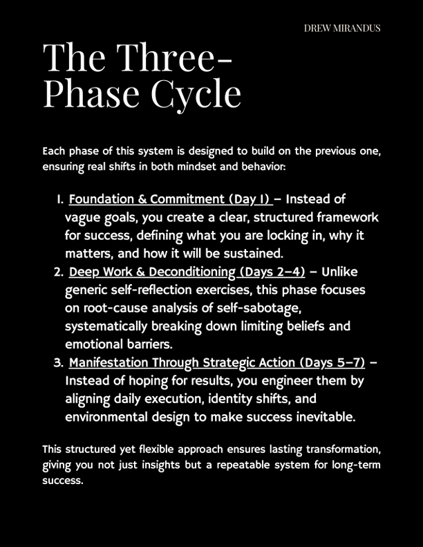 A digital page from an ebook titled The Three-Phase Cycle by Drew Mirandus. The page has a black background with white serif text. It outlines three phases of a structured self-improvement system: 1. Foundation & Commitment (Day 1), 2. Deep Work & Deconditioning (Days 2–4), 3. Manifestation Through Strategic Action (Days 5–7). Each phase builds on the previous one to ensure lasting transformation, focusing on goal-setting, mindset shifts, and execution strategies.