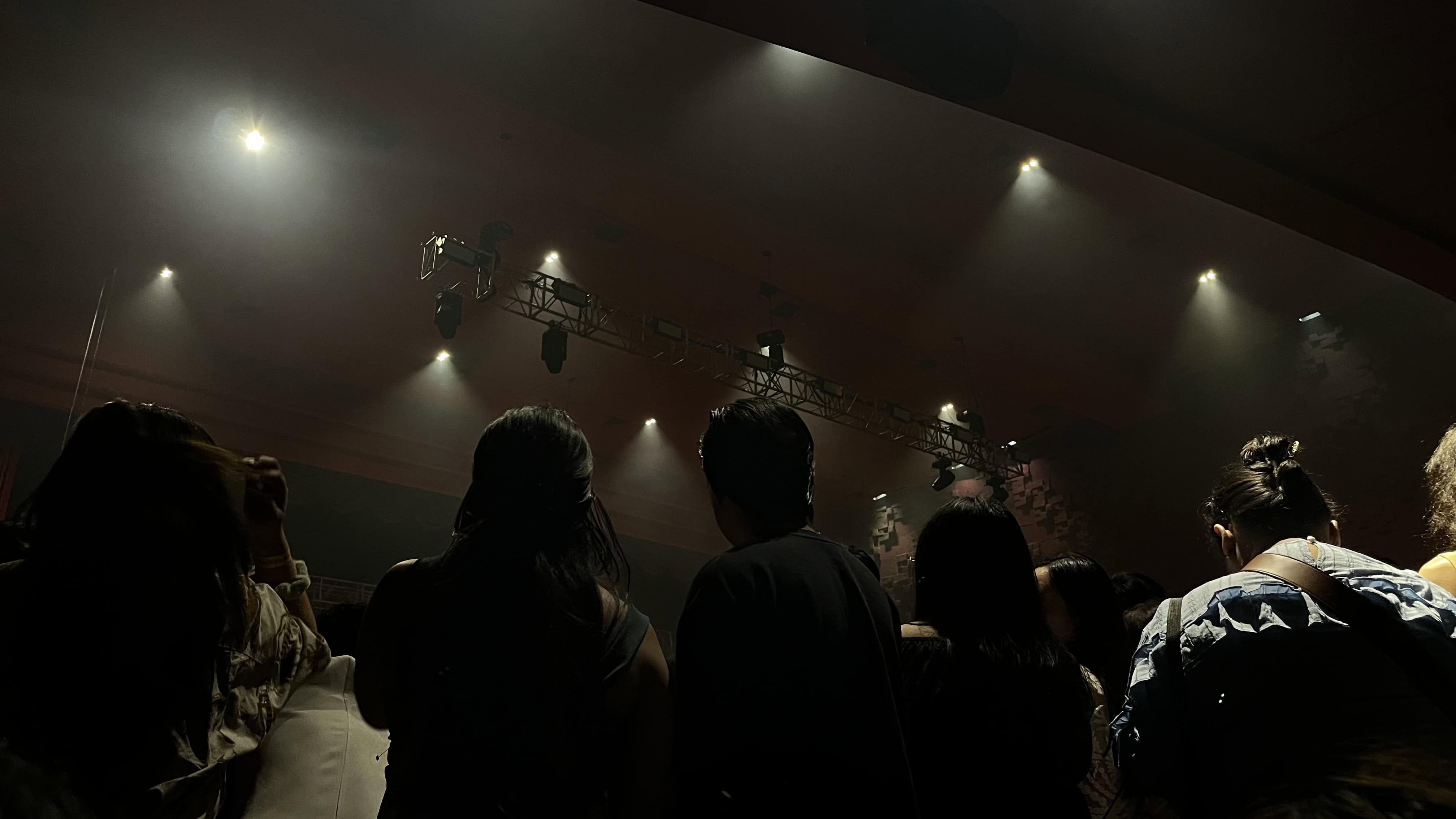 A dimly lit concert venue with silhouettes of a crowd standing near the stage, bathed in soft spotlights as they wait for the performance to begin.
