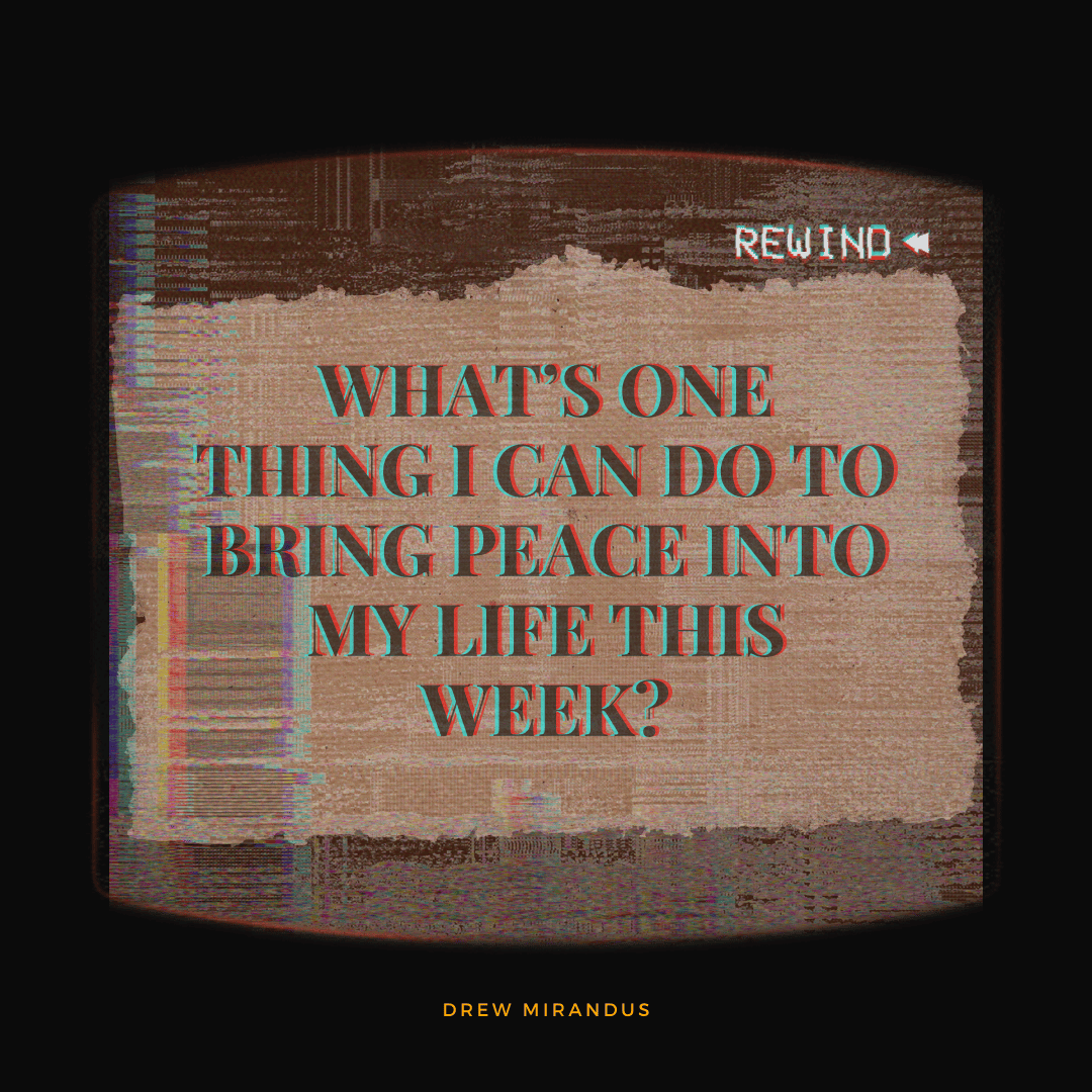 A reflective question displayed on a vintage screen reads: "What is one thing I can do to bring peace into my life this week?" The design has a nostalgic, glitch effect, inviting introspection.