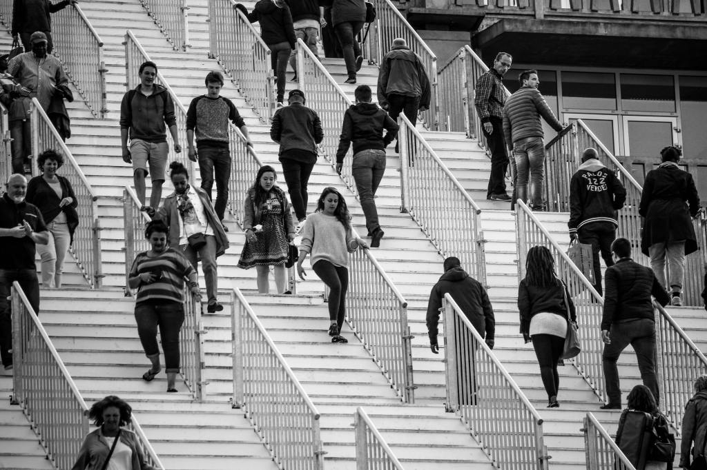People walking up and down a large staircase, each choosing a different route, symbolizing decision-making and modern choice overload