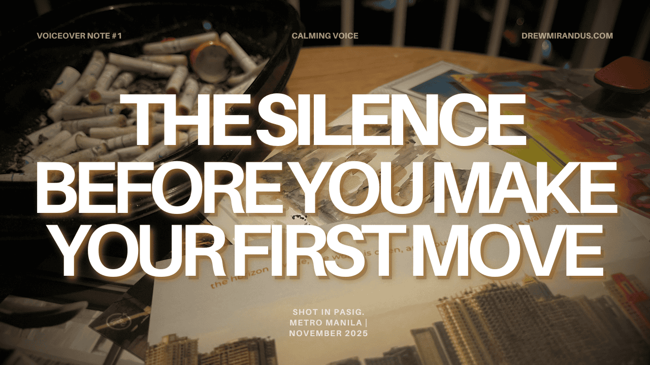 Cinematic thumbnail of “The Silence Before You Make Your First Move,” featuring soft outdoor lighting, scattered oil pastels, artwork on a table, and bold white text overlaid across the image.